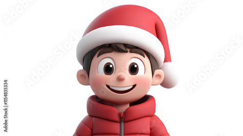 character wearing a Santa hat and a red winter jacket, with a cheerful expression. Cartoonish style suitable for festive-themed projects. Isolated on white background photo