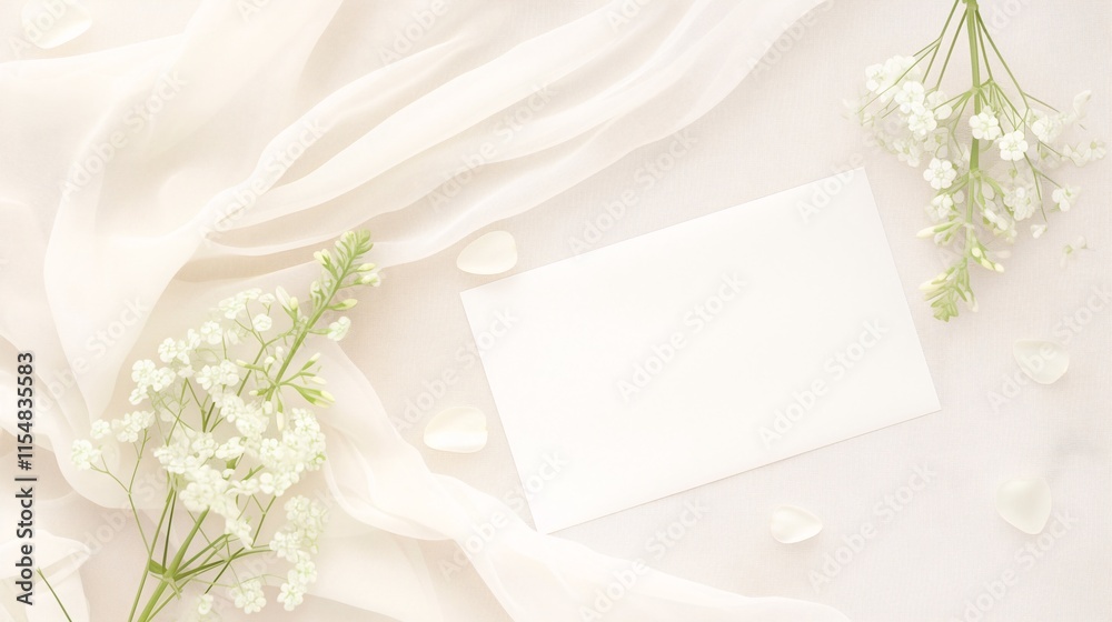 Minimalist white card on sheer fabric with baby’s breath flowers and soft petals. Minimalist white card on sheer fabric with baby’s breath flowers and soft petals.