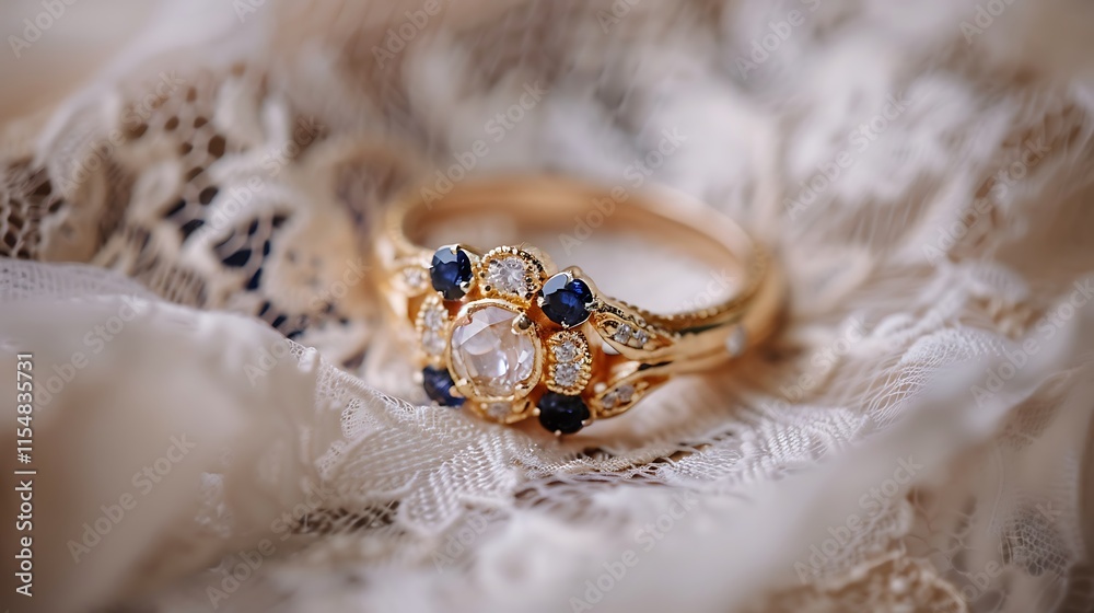 Obraz premium Gold ring with sapphire accents placed on lace fabric