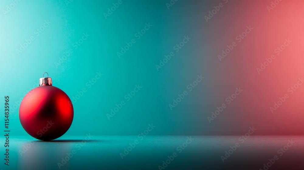 Fototapeta premium A smooth red Christmas ornament rests against a pastel blue gradient backdrop, creating a contemporary look perfect for festive designs and holiday greetings