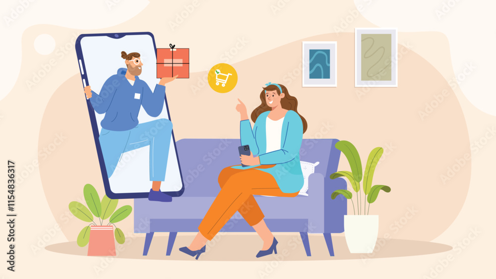 An engaging illustration showing a customer ordering food on a mobile app, with delivery bikes and shopping bags. An engaging illustration showing a customer ordering food on a mobile app, with delivery bikes and shopping bags.
