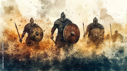 Medieval warriors in armor charge forward with shields raised, swords drawn, and determination in dramatic battlefield scene filled with dust and energy photo