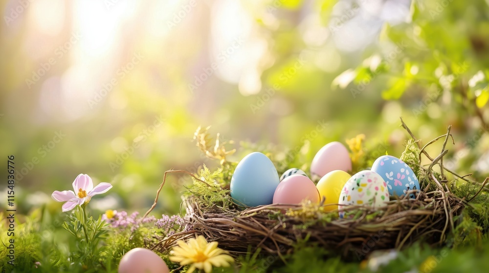 Obraz premium A basket of Easter eggs is sitting on a grassy field. The eggs are of different colors, including yellow, pink, and blue. The basket is surrounded by flowers, adding a touch of springtime to the scene