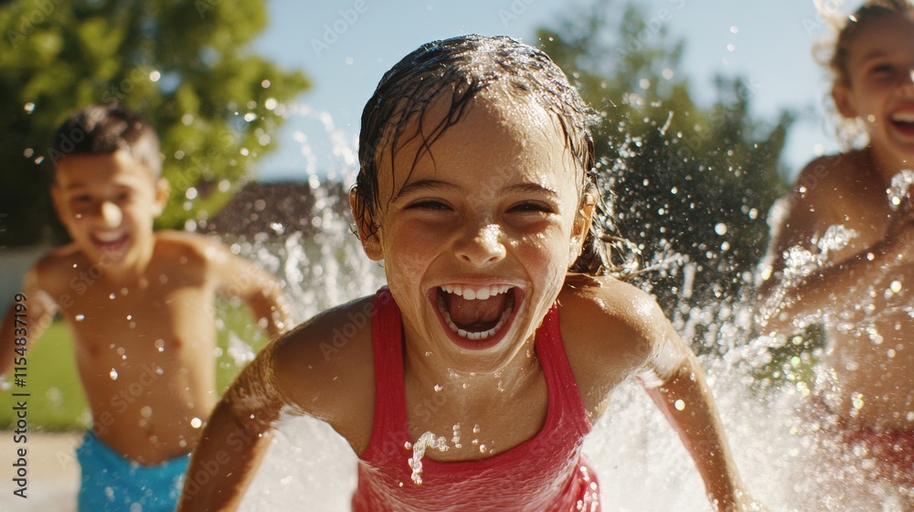 Obraz premium Joyful Children Playing in Water Splashing Summer Fun Outdoors