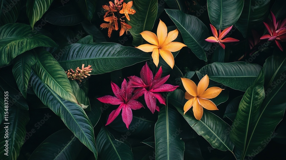 Naklejka premium Vibrant Tropical Leaves with Colorful Flowers on Dark Background