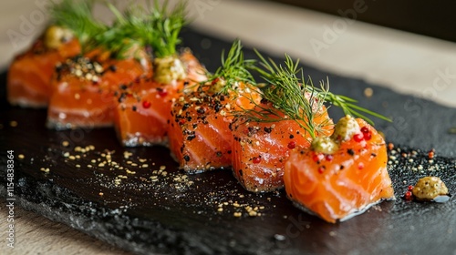 Gravlax served on a black slate plate, illuminated by studio lighting to highlight the marinated salmon with dill and spices