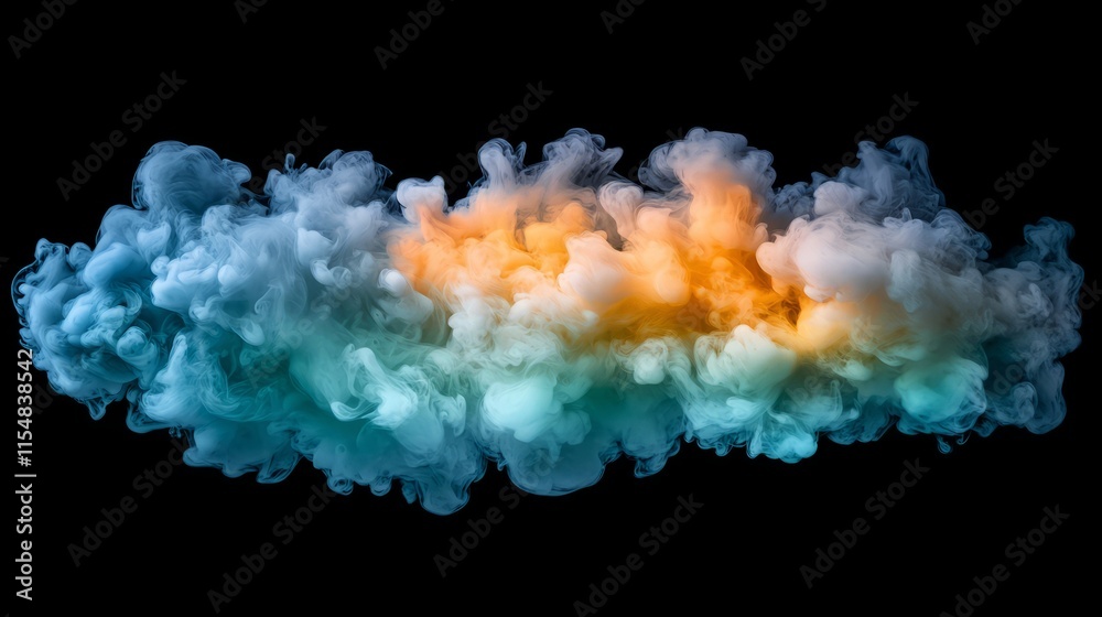 Fototapeta premium A plume of colorful smoke blending blue, green, and yellow tones, softly expanding on a dark black background