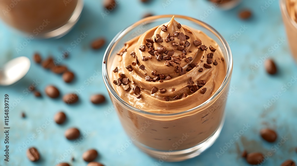 Portioned coffee mousse in glass on blue table Portioned coffee mousse in glass on blue table