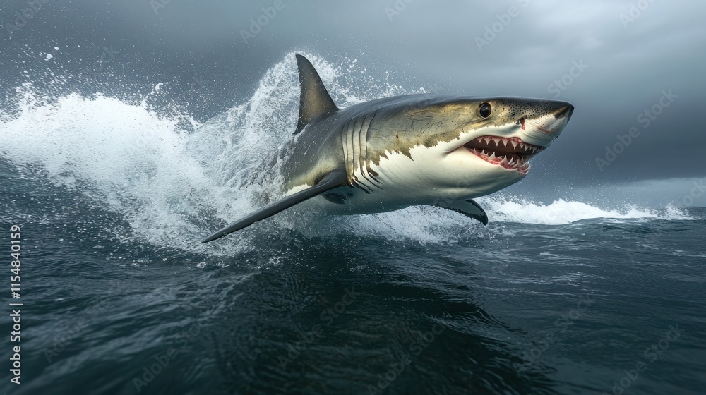 Fototapeta premium A great white shark leaps from the ocean, showcasing its power and agility amid crashing waves.
