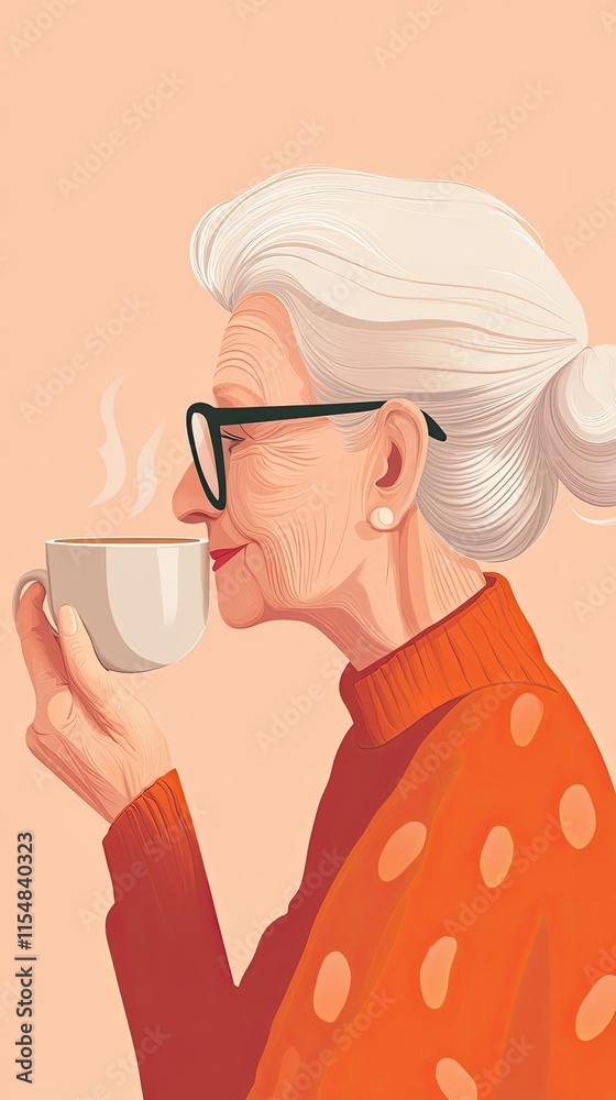 Elderly Woman with Grey Hair Enjoying a Warm Drink Elderly Woman with Grey Hair Enjoying a Warm Drink