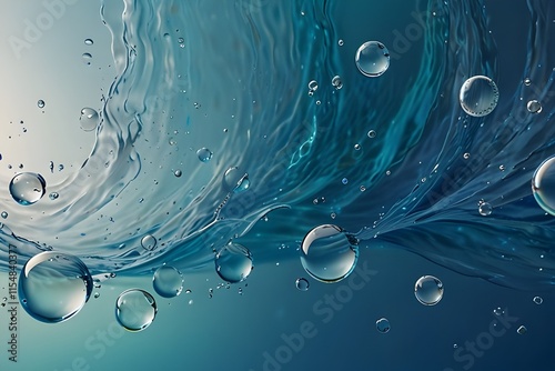 surface of transparent, blue, clear water with bubbles, splashes, and ripples. Summer banner background in an abstract style Waves of water in the sun with copy space Micellar toner emulsion for cosme photo