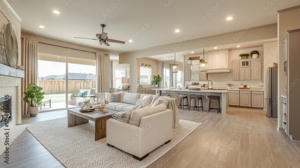 Fototapeta premium Sleek open-concept design with recessed LED ceiling lights, light-colored wood floors, and a calming neutral palette