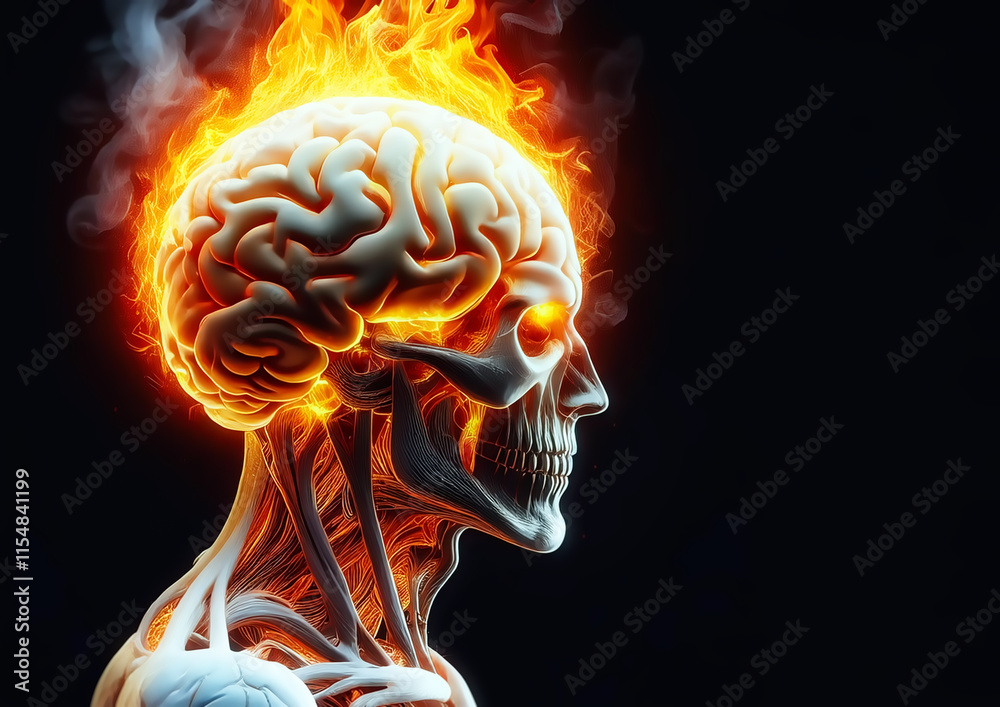 Human brain in fire on a dark background. 3D illustration. Human brain in fire on a dark background. 3D illustration.