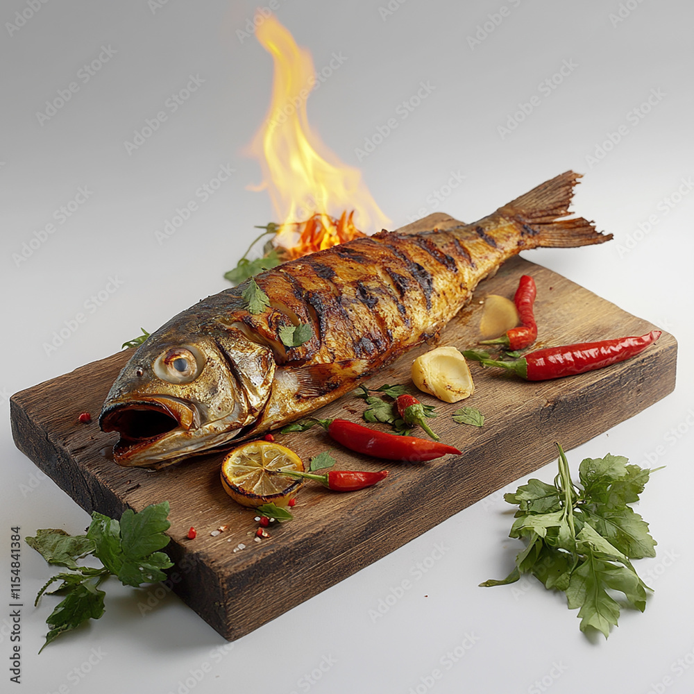 A Photorealistic Commercial Photograph of Roasted Fish on a White Background A Photorealistic Commercial Photograph of Roasted Fish on a White Background