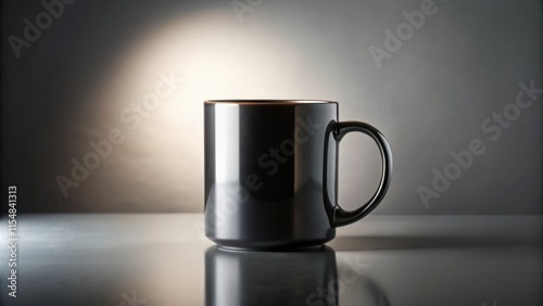 A sleek, dark mug sits on a reflective surface, illuminated by a soft light source