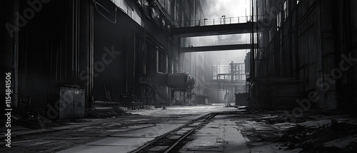 Desolate Industrial Site: Abandoned Machinery, Black and White Photo photo