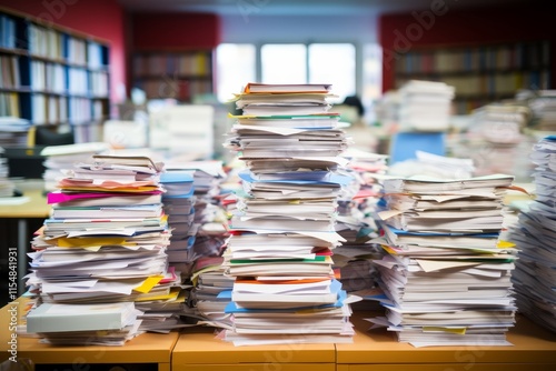 Overwhelming paperwork piles up on a chaotic desk in a well lit office environment photo