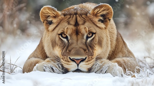 Majestic Lioness in Winter Landscape. Powerful Predator in Snowy Environment.