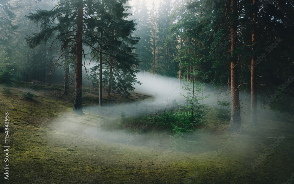Naklejka premium Misty forest path winding through dense evergreen trees.