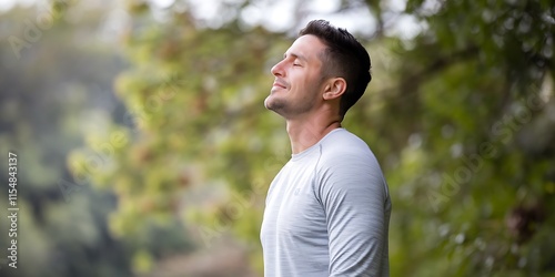 Relaxed Man Breathing Outdoors in Green Nature Wearing Casual Comfortable Clothing