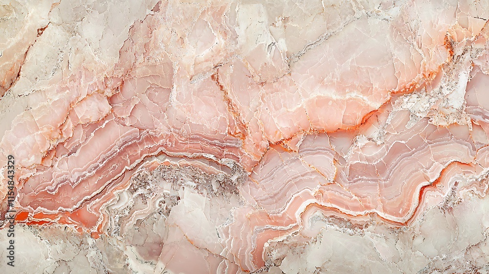 Fototapeta premium Close-up of pink and beige marble texture with swirling patterns and veins.