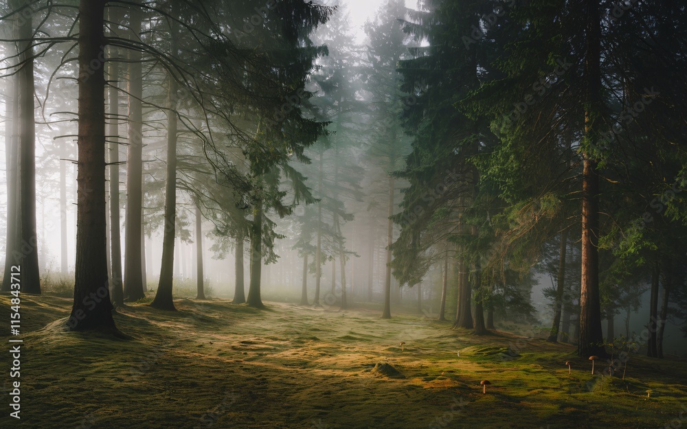 Obraz premium Sunlit path through a misty forest.