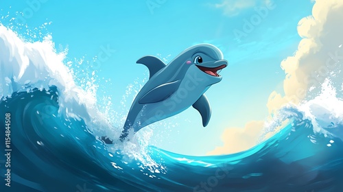 2D cartoon illustration of a dolphin jumping through waves with a big smile.--ar 16:9