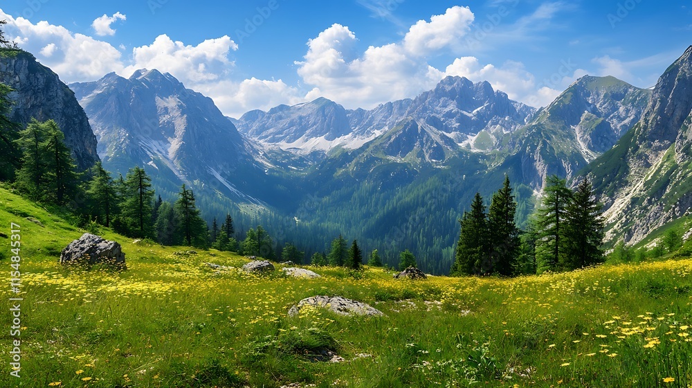 Fototapeta premium Alpine Meadow with Majestic Mountains. Scenic Landscape, Nature, Summer