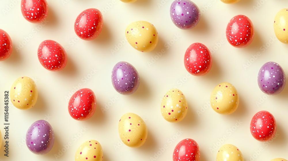 A bright and vibrant wallpaper with small Easter eggs in shades of red, yellow, and purple on a soft cream background A bright and vibrant wallpaper with small Easter eggs in shades of red, yellow, and purple on a soft cream background