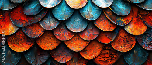 Koi Fish Scales, Vibrant Colors, Ornate Patterns, Dramatic Lighting, Neo-Futuristic