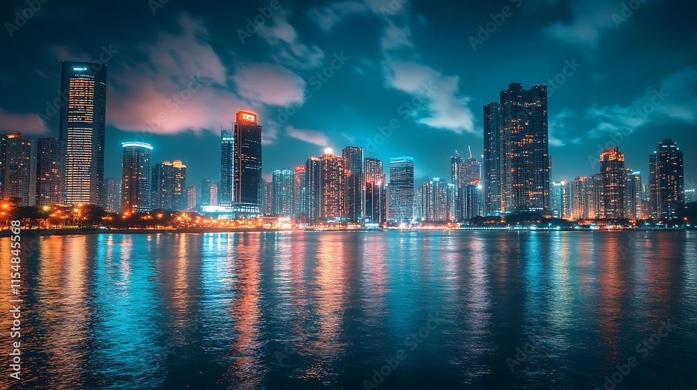 Obraz premium Modern City Skyline at Night Reflecting on Water. Urban Landscape.