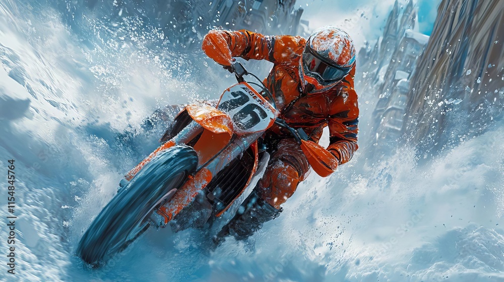 Fototapeta premium A motocross rider expertly navigating through a snowy landscape, showcasing skill and speed.