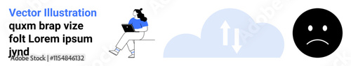 Freelancer sitting with laptop, cloud storage uploaddownload icon, sad face. Ideal for representing remote work, cloud computing, emotions, online storage, technology, digital lifestyle