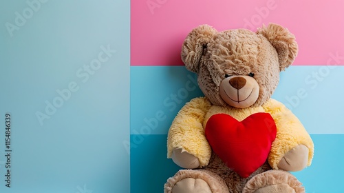 Teddy bear with red heart pillow isolated on colorful background