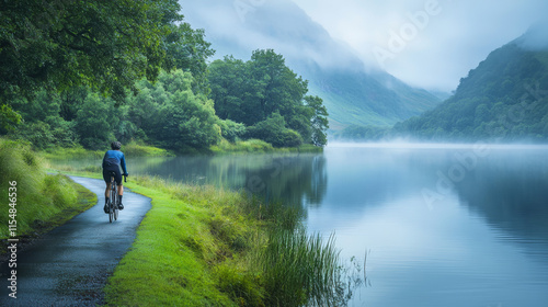 Cyclist on Lake Shore Path: Serene Landscape Photography