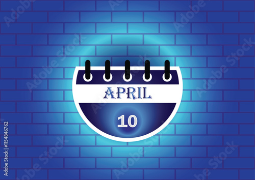 April 10 calendar sign on blue neon brick wall background. Flat design style. Date, day and month. Vector illustration.
