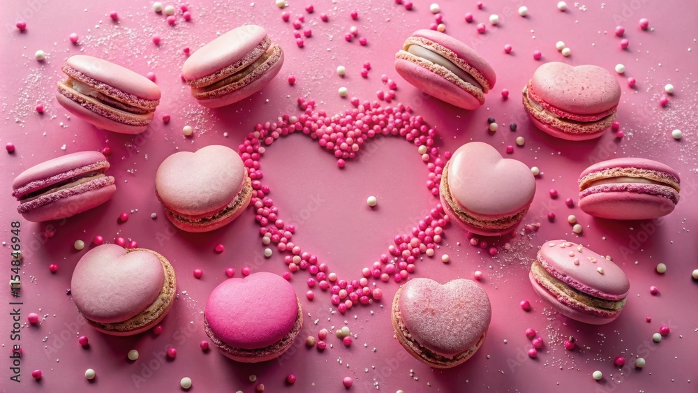 Fototapeta premium A Delicate Arrangement of Pink Macarons Forming a Heart Shape on a Pink Background with Sprinkles