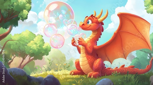 2D cartoon illustration of a friendly dragon blowing bubbles instead of fire.--ar 16:9 photo