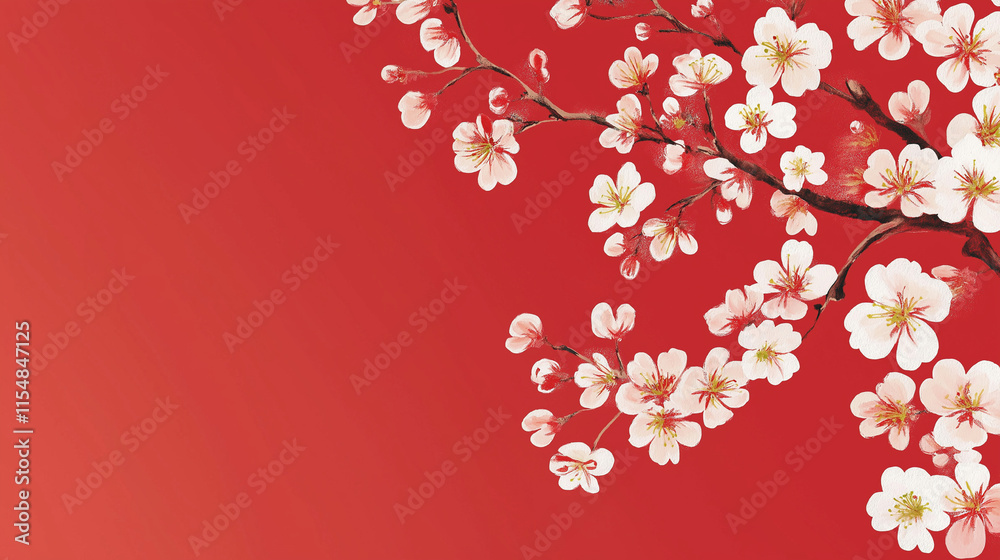Fototapeta premium 和風桜デザイン背景｜真紅の背景に白い桜が映える高品質和柄イラスト