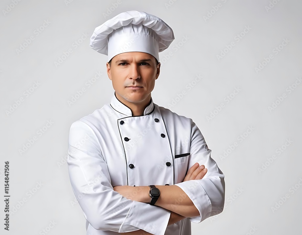 Professional Chef in White Uniform Against Gray Background, Generative AI Professional Chef in White Uniform Against Gray Background, Generative AI