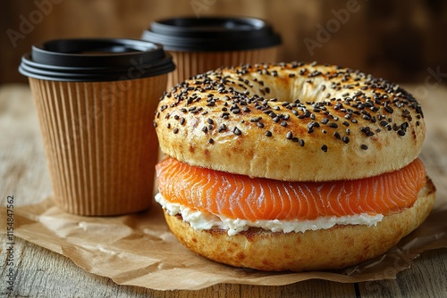 Heart latte art coffee scene with a bagel with egg, avocado, and fish on a wooden table. Perfect breakfast or brunch photo