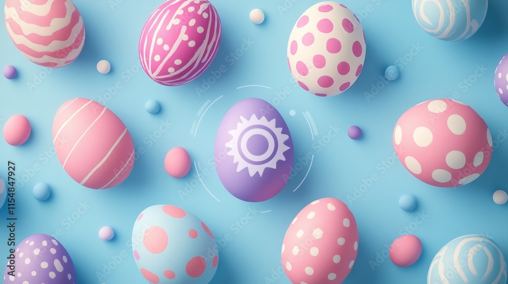 A playful and colorful pattern of Easter eggs in pink, purple, and blue on a soft blue background 