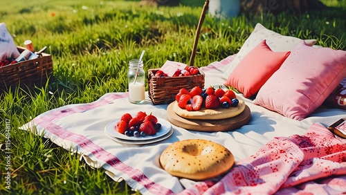 A dreamy meadow picnic with cushions and Valentine-themed decor, holiday promo poster valentine day sale banner background, vibrant colors, romantic love and harmony photo