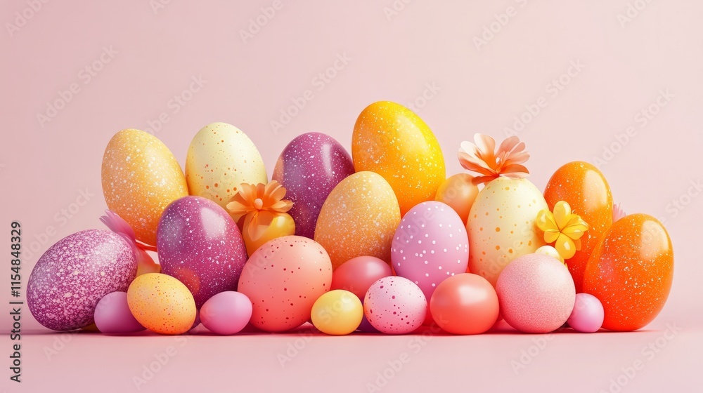 Obraz premium A playful, colorful arrangement of Easter eggs in shades of orange, yellow, and purple on a light pink background 