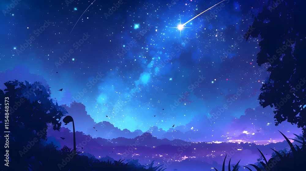 Cartoon starlit night sky with vivid details