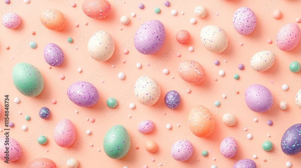 A playful design of scattered colorful Easter eggs in different shades of pink, purple, and green on a soft peach background A playful design of scattered colorful Easter eggs in different shades of pink, purple, and green on a soft peach background