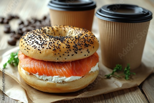 Heart latte art coffee scene with a bagel with egg, avocado, and fish on a wooden table. Perfect breakfast or brunch photo