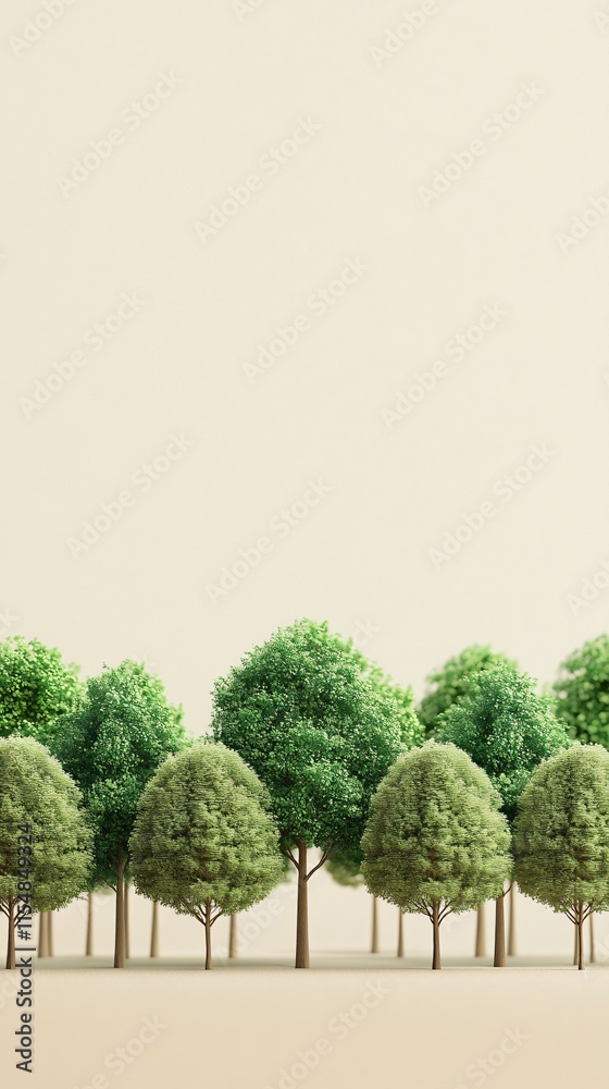 Lush Green Trees on Minimalistic Background for Natural Designs, 3D Minimal Design