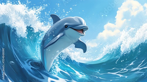 2D cartoon illustration of a dolphin jumping through waves with a big smile.--ar 16:9