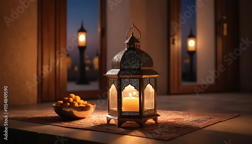 Ornate Metal Lantern Candlelight Warm Glow Dates Bowl Night Setting photo